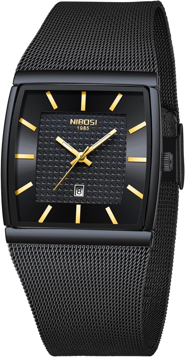 NIBOSI Men Watches Business Square Military Waterproof Sport Analog Quartz Wrist Watch for Men with Stainless Steel Mesh Strap Date Calendar