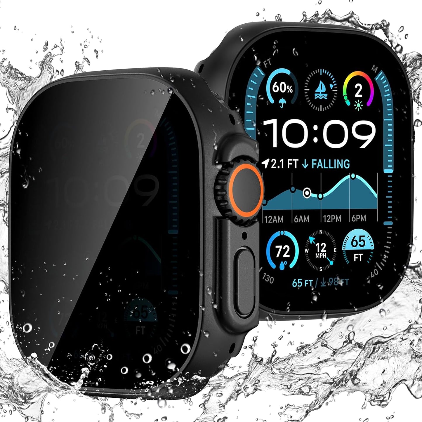 Goton Waterproof Privacy Case for Apple Watch Series 10 SE 9 8 7 6 5 4 Ultra 2 Ultra, Hard PC Bumper Tempered Glass Screen Protector for iWatch Cover Accessories, 46mm Matte Black