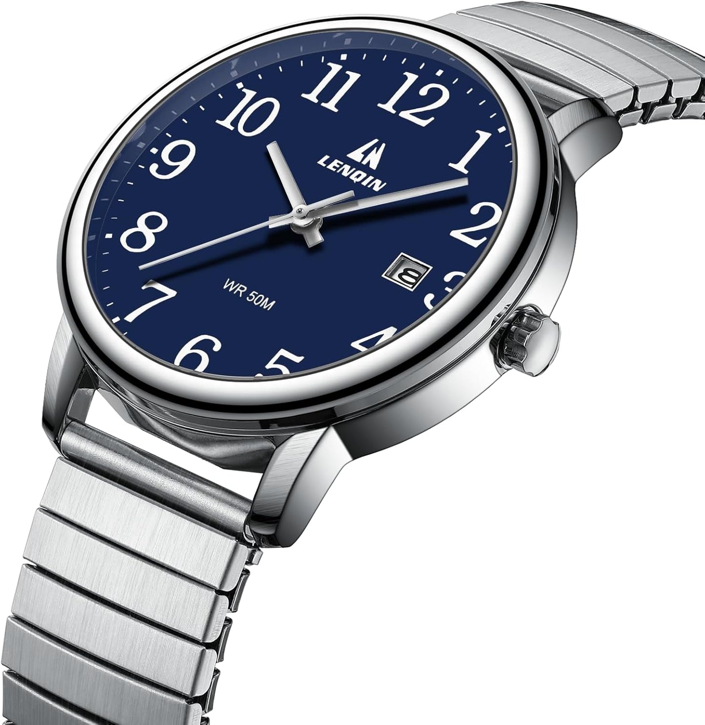 LN LENQIN Mens Watches Easy Read Analog Quartz Sport Waterproof Watch for Men with 38mm Stainless Steel Expansion Band and Glow Dial