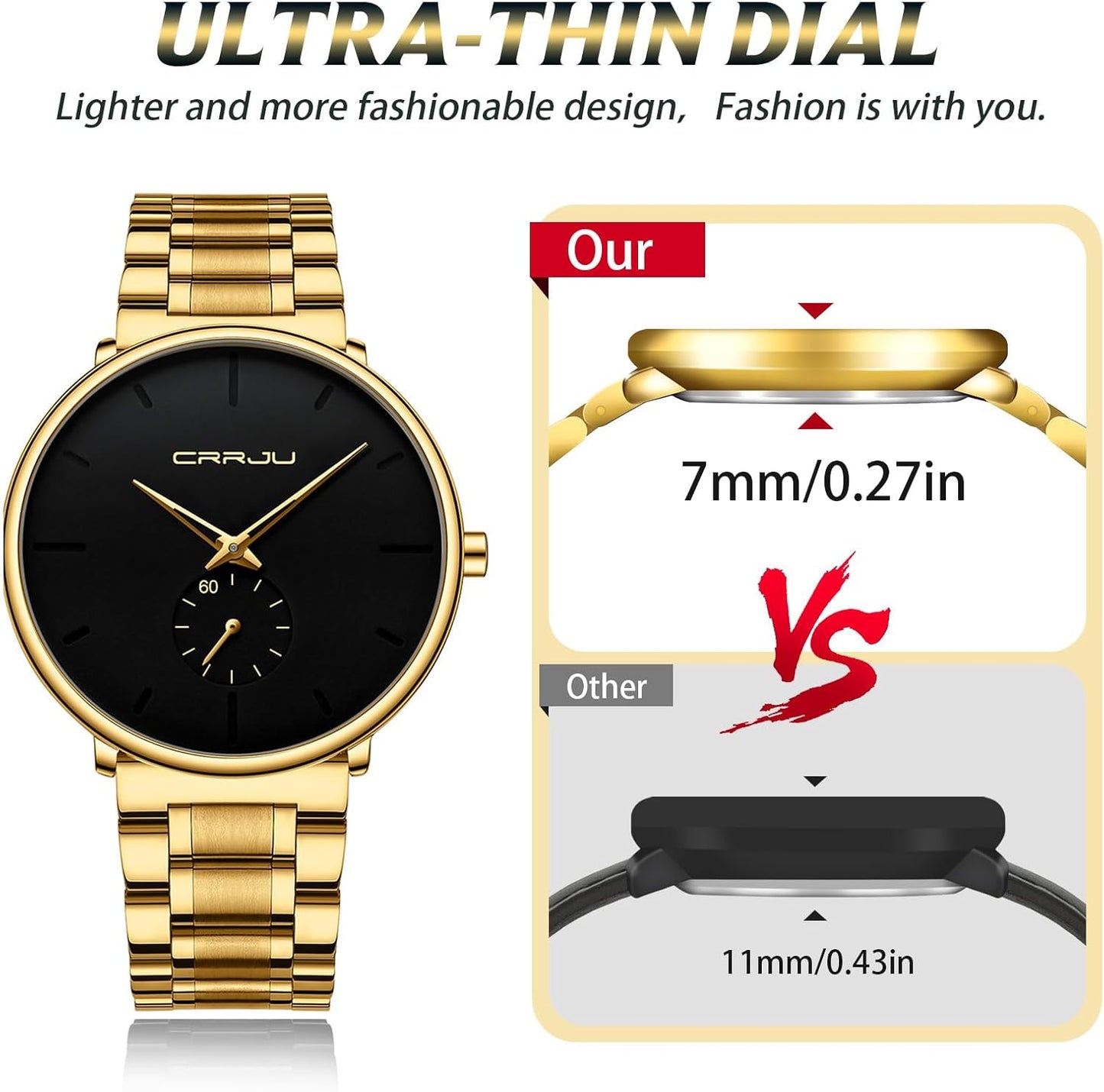 Mens Watches Ultra-Thin Minimalist Waterproof-Fashion Wrist Watch for Men Unisex Dress with Stainless Steel Band-Black Hands
