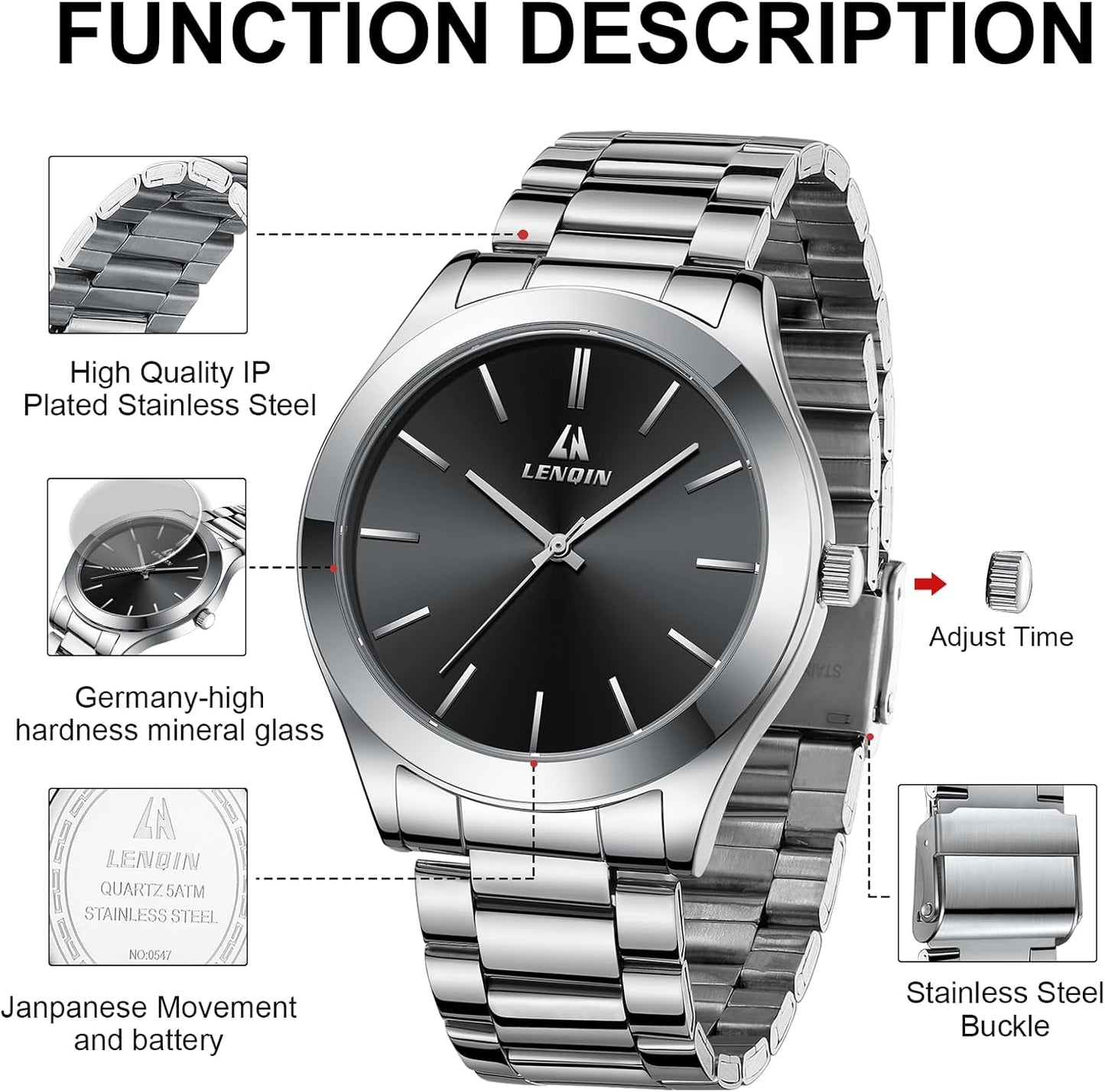 LN LENQIN Mens Watches Waterproof Stainless Steel Watch for Men Analog Quartz Fashion Business Designer Wristwatch