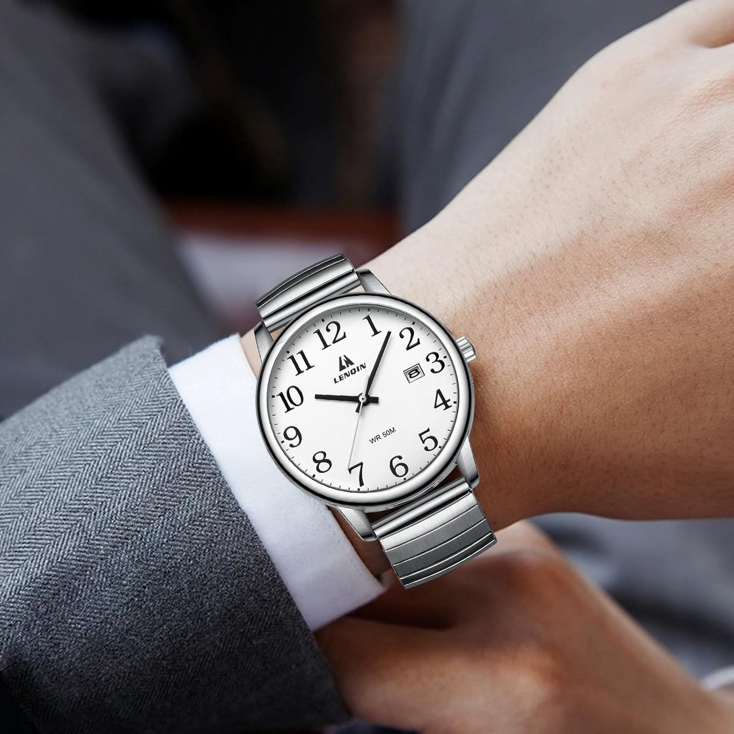 LN LENQIN Mens Watches Easy Read Analog Quartz Sport Waterproof Watch for Men with 38mm Stainless Steel Expansion Band and Glow Dial