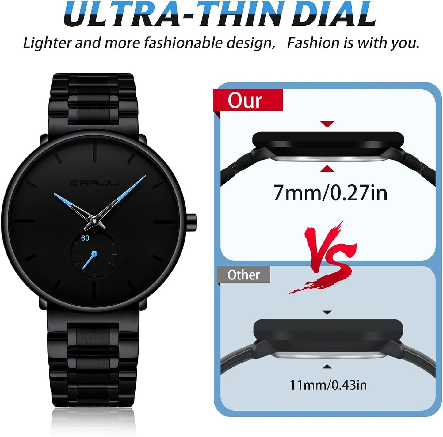 Mens Watches Ultra-Thin Minimalist Waterproof-Fashion Wrist Watch for Men Unisex Dress with Stainless Steel Band-Black Hands