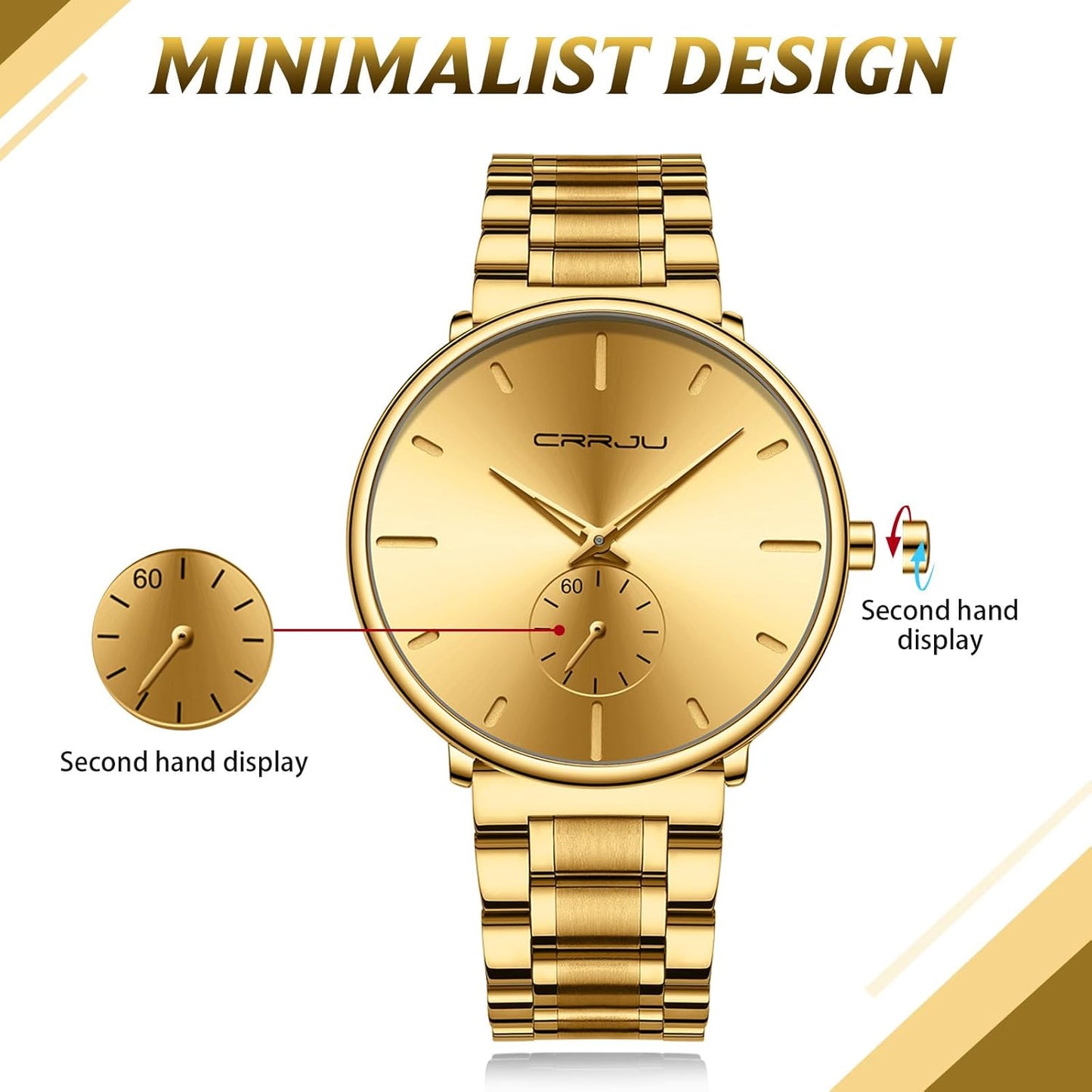 Mens Watches Ultra-Thin Minimalist Waterproof-Fashion Wrist Watch for Men Unisex Dress with Stainless Steel Band-Black Hands