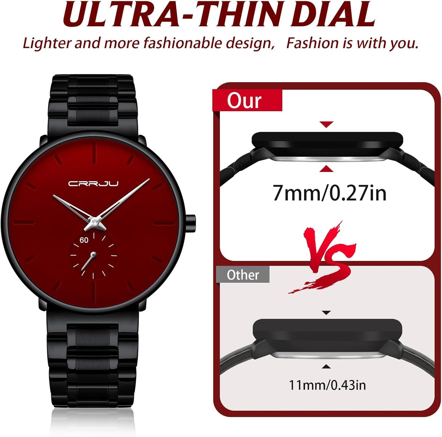 Mens Watches Ultra-Thin Minimalist Waterproof-Fashion Wrist Watch for Men Unisex Dress with Stainless Steel Band-Black Hands