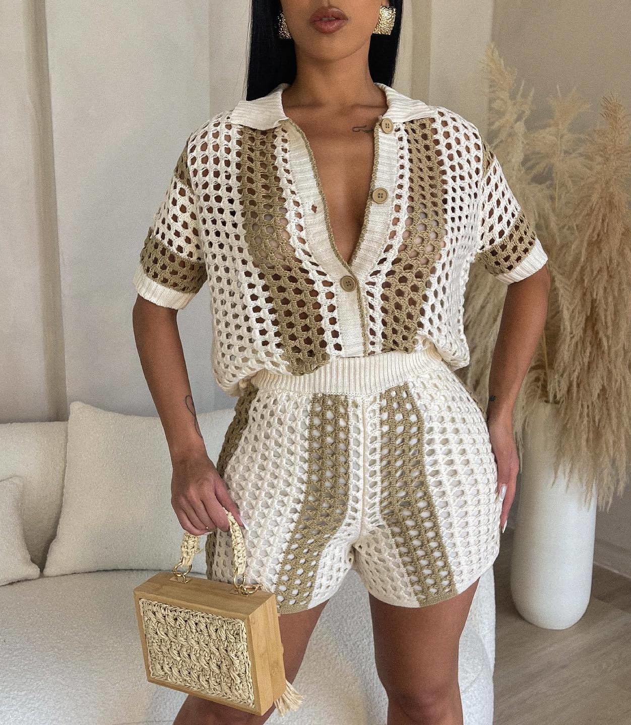 cu4eve Crochet Sets Two Piece Women Summer Causal Knit Short Sleeve Button Down Shirt and Shorts Matching Set Jumpsuit