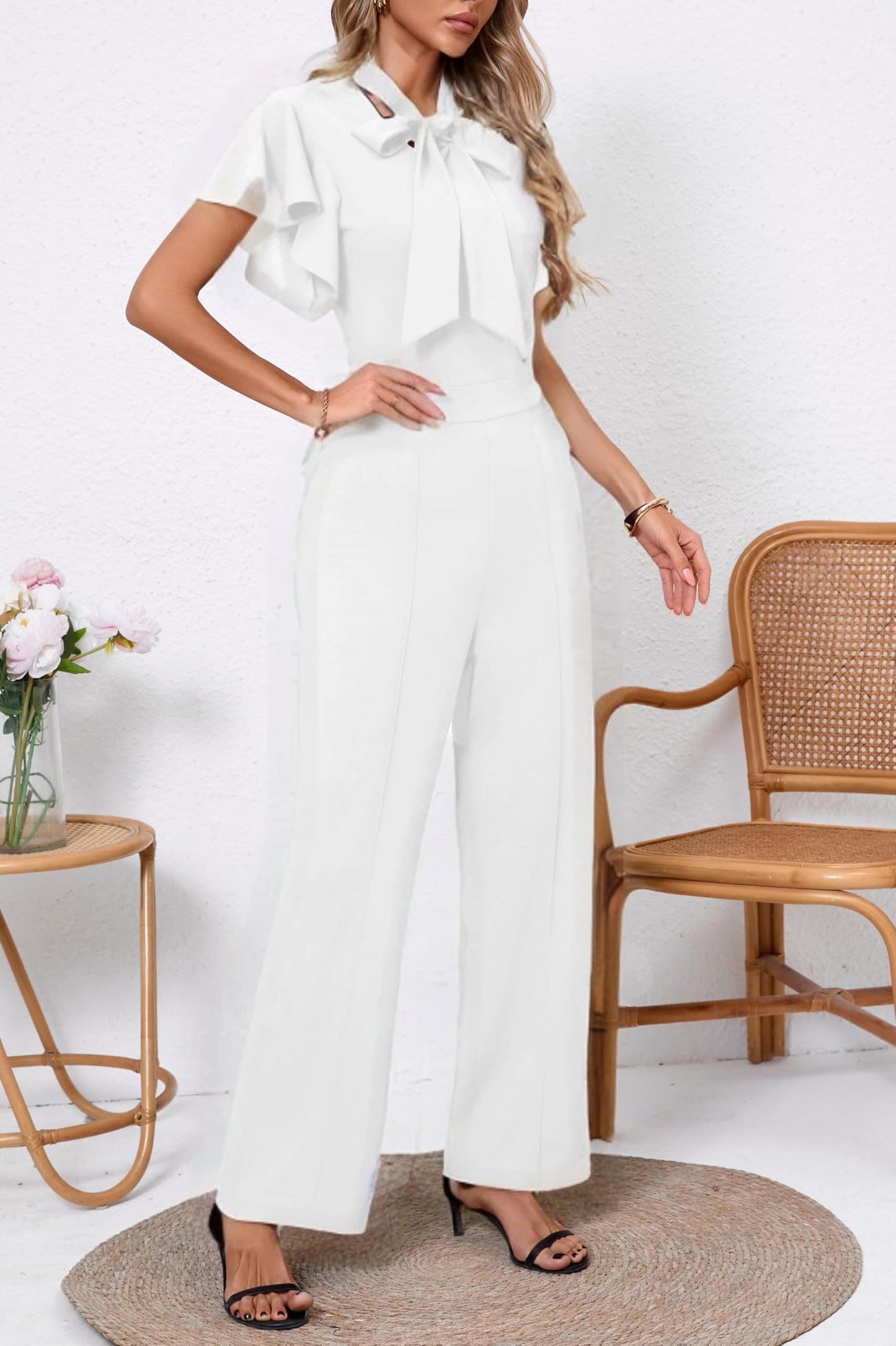 WanMem Jumpsuits for Women Ruffled Sleeveless Romper V-Neck High Waist Loose Long Wide Pants Jumpsuit