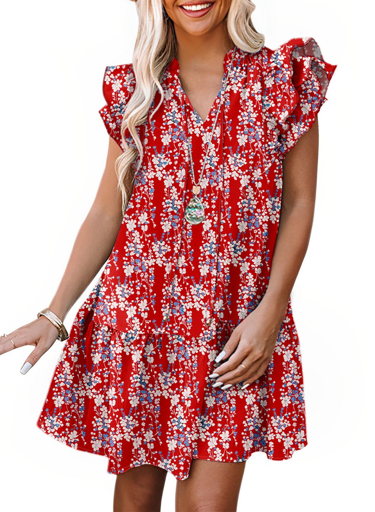 Dokotoo Womens Summer Dresses 2025 V-Neck Drawstring Ruffle Cap Short Sleeve Side Pockets Mini Dress Sundress