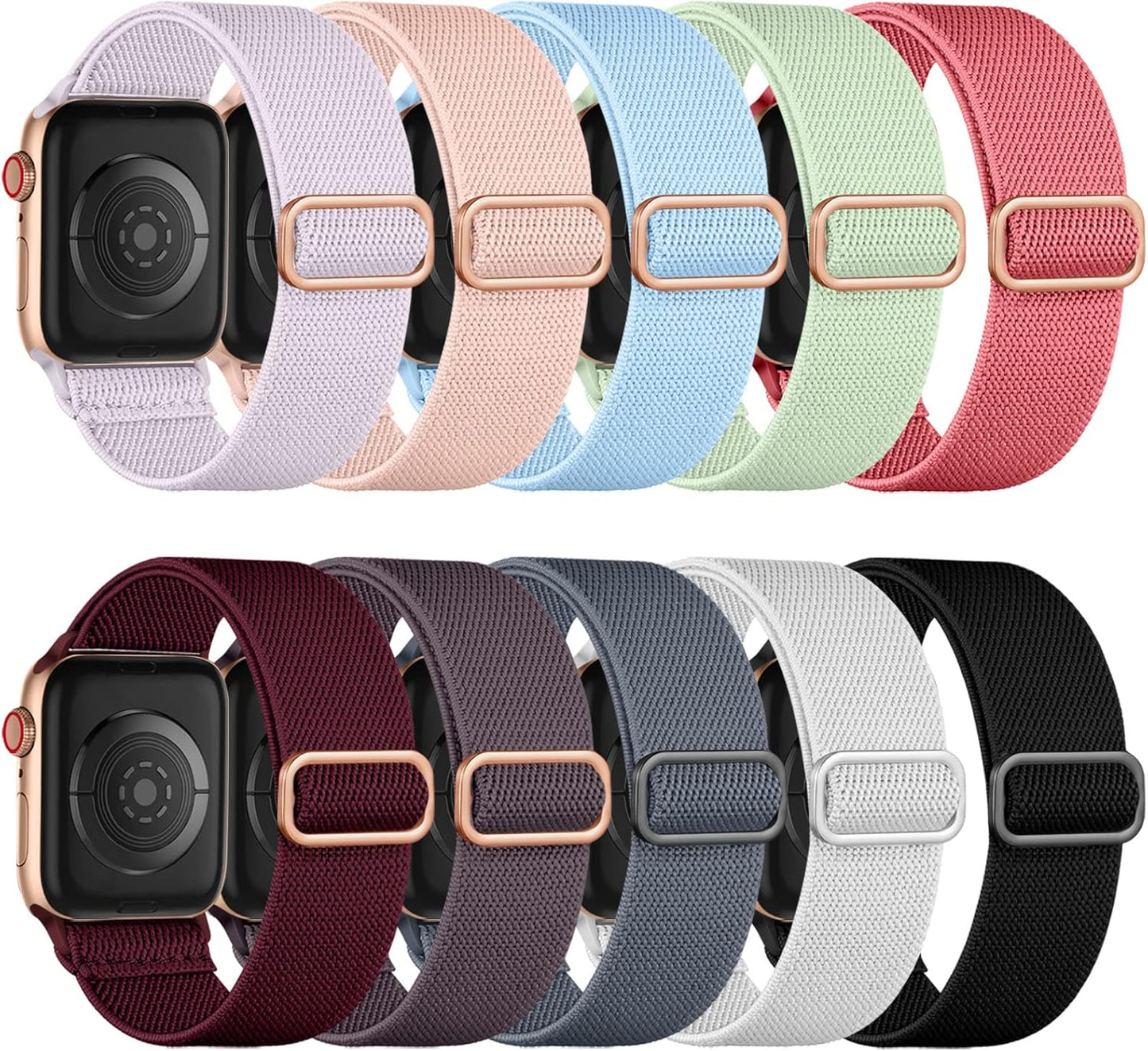 Maledan 10 Pack Stretchy Solo Loop Compatible with Apple Watch Band 40mm 38mm 41mm 42mm 44mm 45mm 46mm 49mm Women Men,Soft Nylon Elastic Strap Wristband for iWatch Series 10 9 8 7 6 5 4 3 2 1 SE Ultra