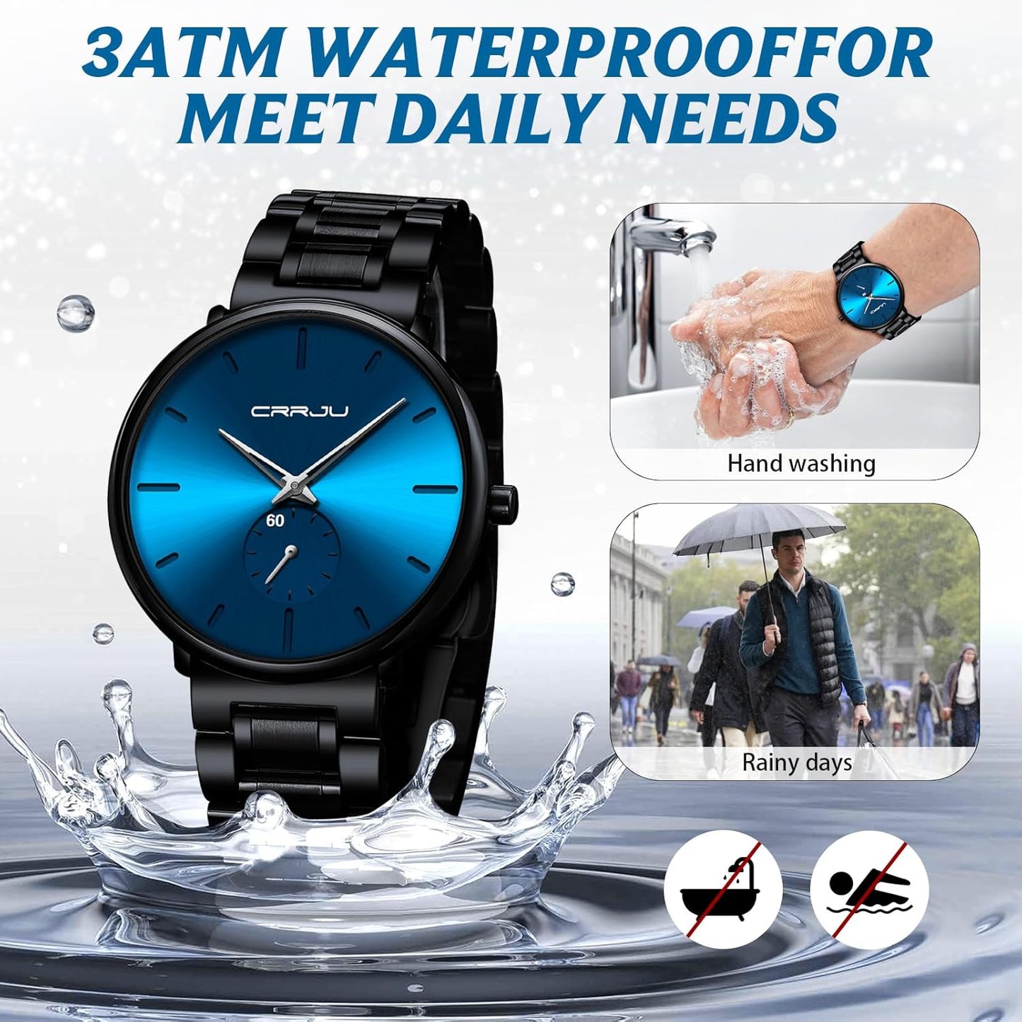 Mens Watches Ultra-Thin Minimalist Waterproof-Fashion Wrist Watch for Men Unisex Dress with Stainless Steel Band-Black Hands