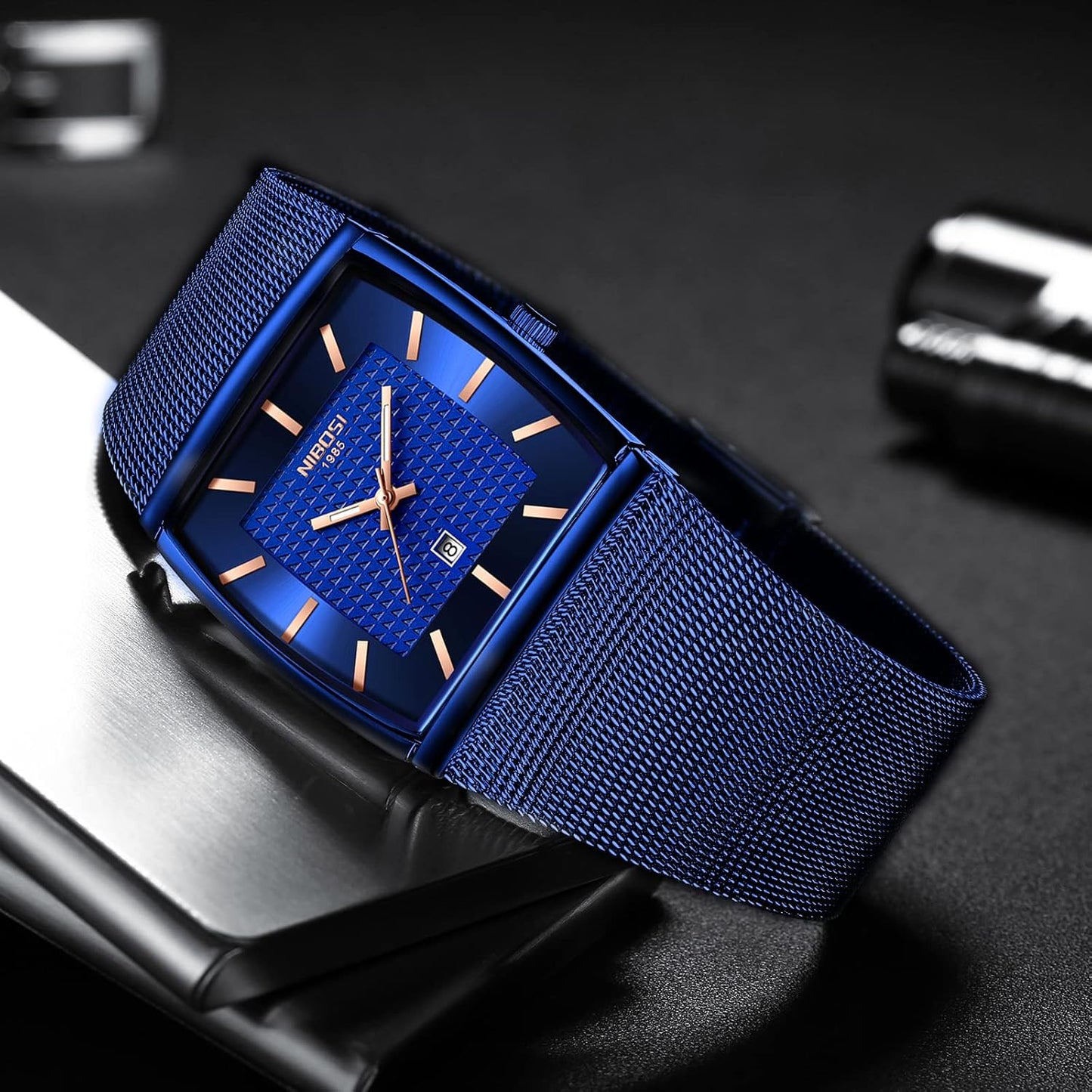 NIBOSI Men Watches Business Square Military Waterproof Sport Analog Quartz Wrist Watch for Men with Stainless Steel Mesh Strap Date Calendar