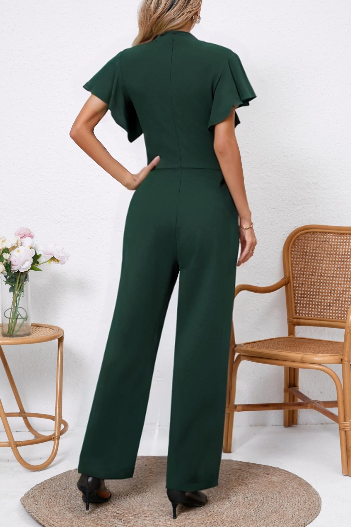 WanMem Jumpsuits for Women Ruffled Sleeveless Romper V-Neck High Waist Loose Long Wide Pants Jumpsuit
