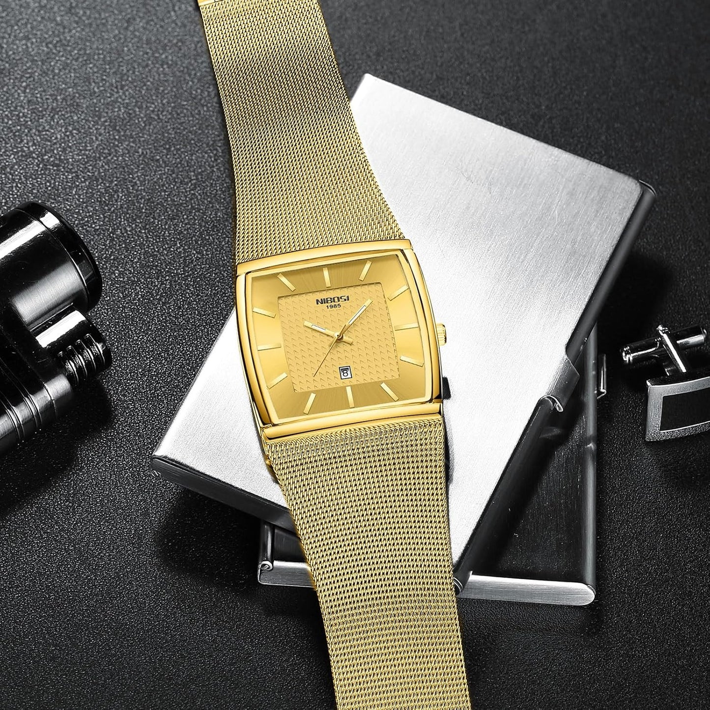 NIBOSI Men Watches Business Square Military Waterproof Sport Analog Quartz Wrist Watch for Men with Stainless Steel Mesh Strap Date Calendar