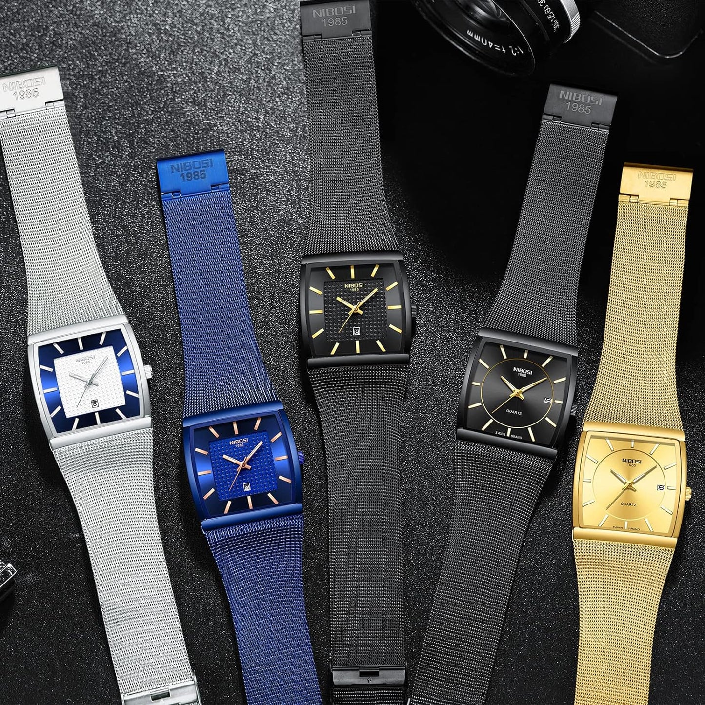 NIBOSI Men Watches Business Square Military Waterproof Sport Analog Quartz Wrist Watch for Men with Stainless Steel Mesh Strap Date Calendar