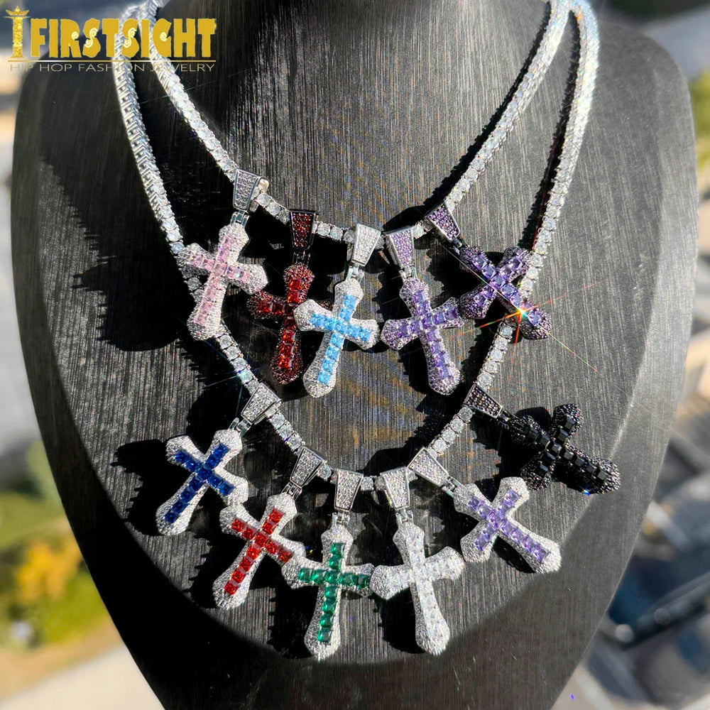 New Iced Out Bling Cross Pendant Necklace Silver Color Rectangle CZ Cubic Zirconia Blue Pink Charm Hip Hop Men Jewelry
