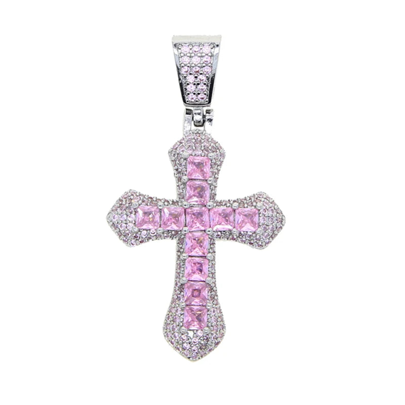 New Iced Out Bling Cross Pendant Necklace Silver Color Rectangle CZ Cubic Zirconia Blue Pink Charm Hip Hop Men Jewelry