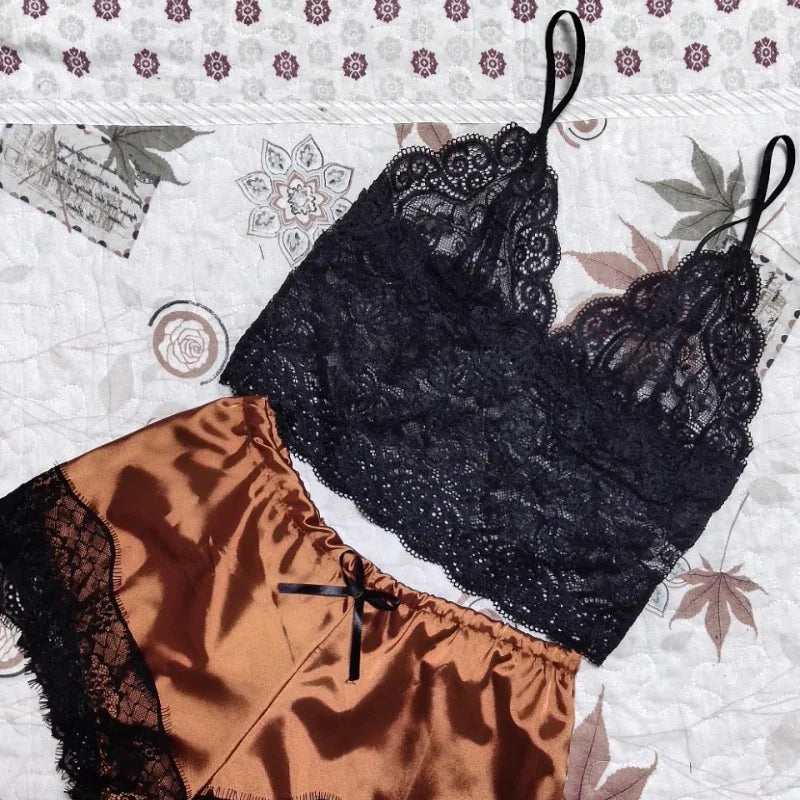 Lace Silk Sleepwear for Women Pajamas Set Sexy Lingerie Crop Tops Shorts Babydoll Nightwear S/M/L/XL/2XL