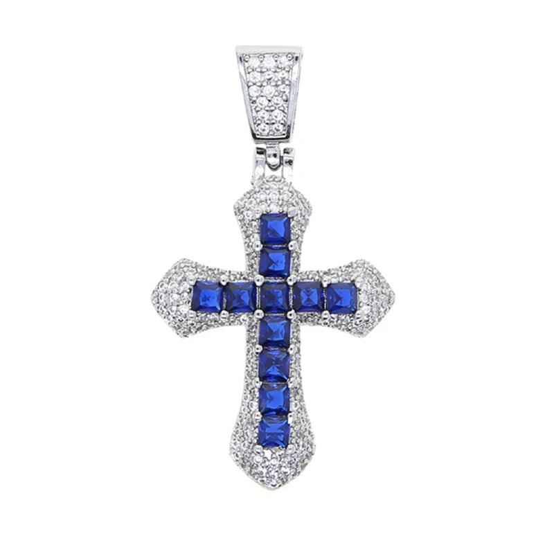 New Iced Out Bling Cross Pendant Necklace Silver Color Rectangle CZ Cubic Zirconia Blue Pink Charm Hip Hop Men Jewelry