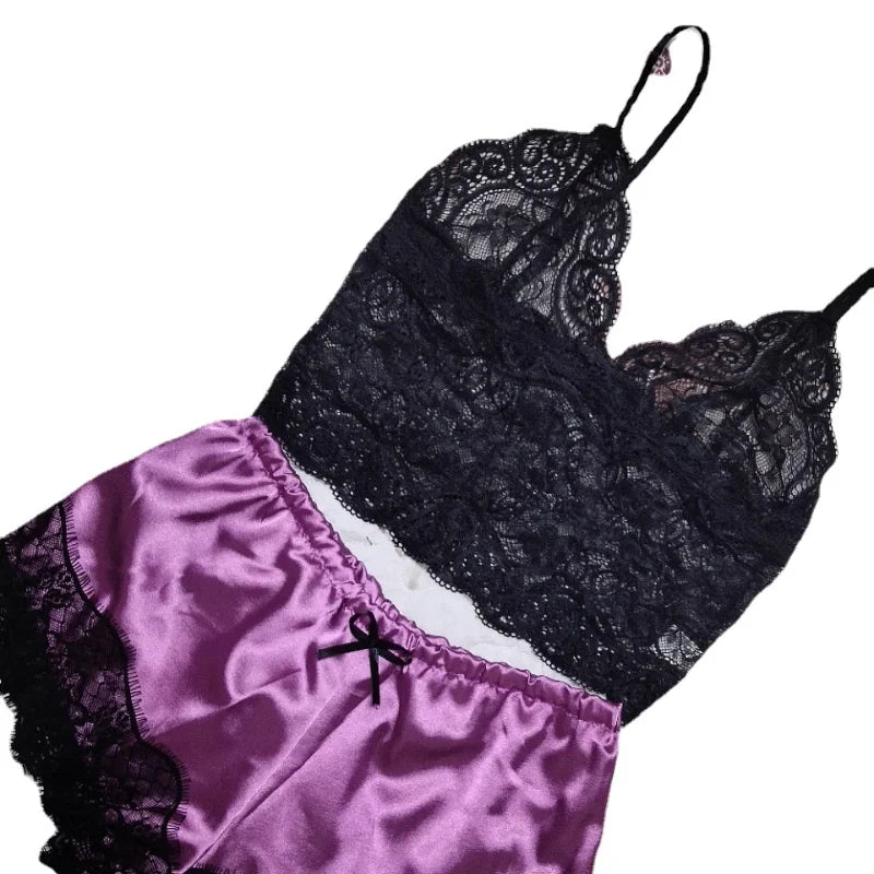 Lace Silk Sleepwear for Women Pajamas Set Sexy Lingerie Crop Tops Shorts Babydoll Nightwear S/M/L/XL/2XL