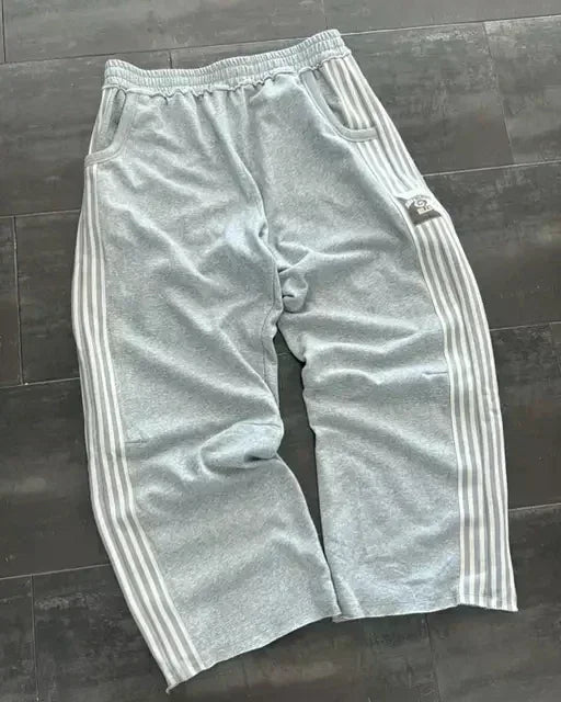 Hip Hop Letter Striped Embroidery Drawstring Sweatpants Y2K Pants Mens Womens Retro Gray Baggy Sweatpants Trousers