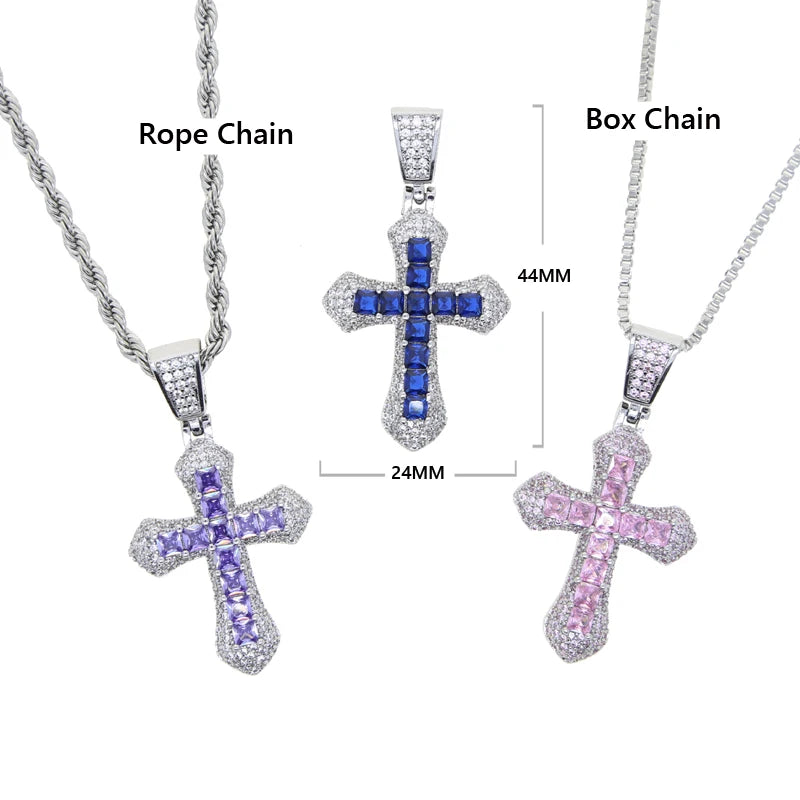 New Iced Out Bling Cross Pendant Necklace Silver Color Rectangle CZ Cubic Zirconia Blue Pink Charm Hip Hop Men Jewelry