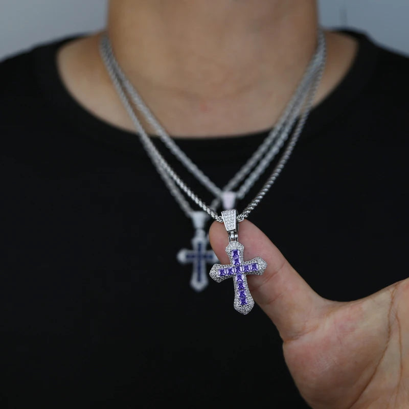 New Iced Out Bling Cross Pendant Necklace Silver Color Rectangle CZ Cubic Zirconia Blue Pink Charm Hip Hop Men Jewelry
