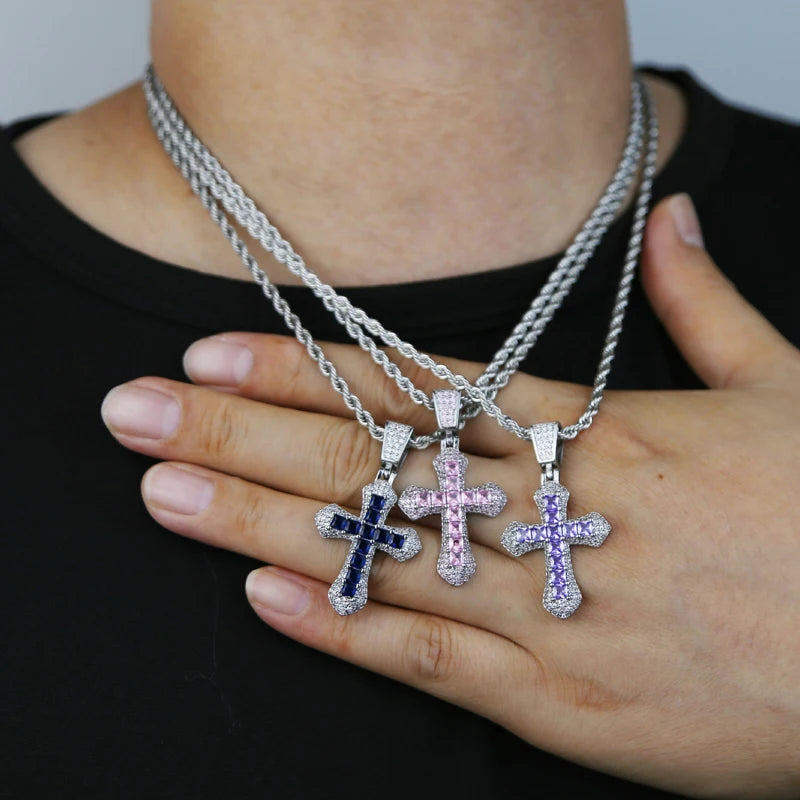 New Iced Out Bling Cross Pendant Necklace Silver Color Rectangle CZ Cubic Zirconia Blue Pink Charm Hip Hop Men Jewelry