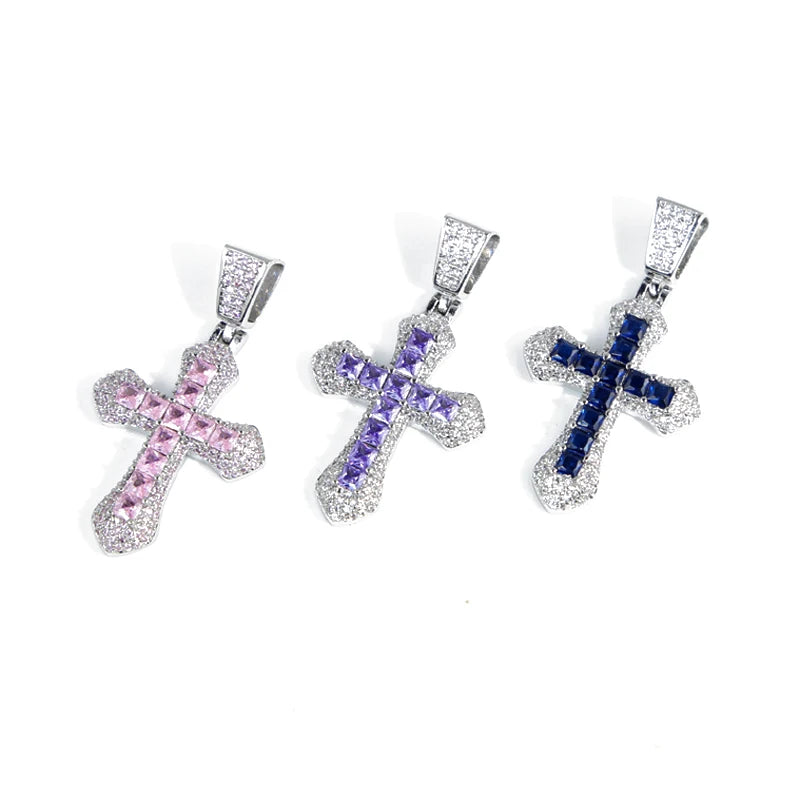 New Iced Out Bling Cross Pendant Necklace Silver Color Rectangle CZ Cubic Zirconia Blue Pink Charm Hip Hop Men Jewelry