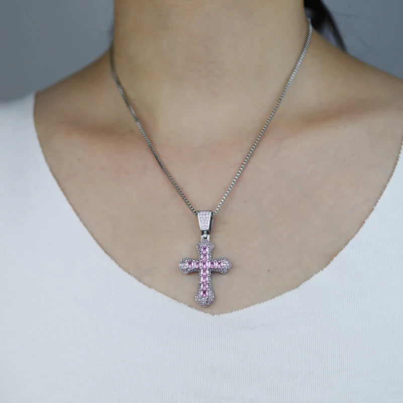 New Iced Out Bling Cross Pendant Necklace Silver Color Rectangle CZ Cubic Zirconia Blue Pink Charm Hip Hop Men Jewelry