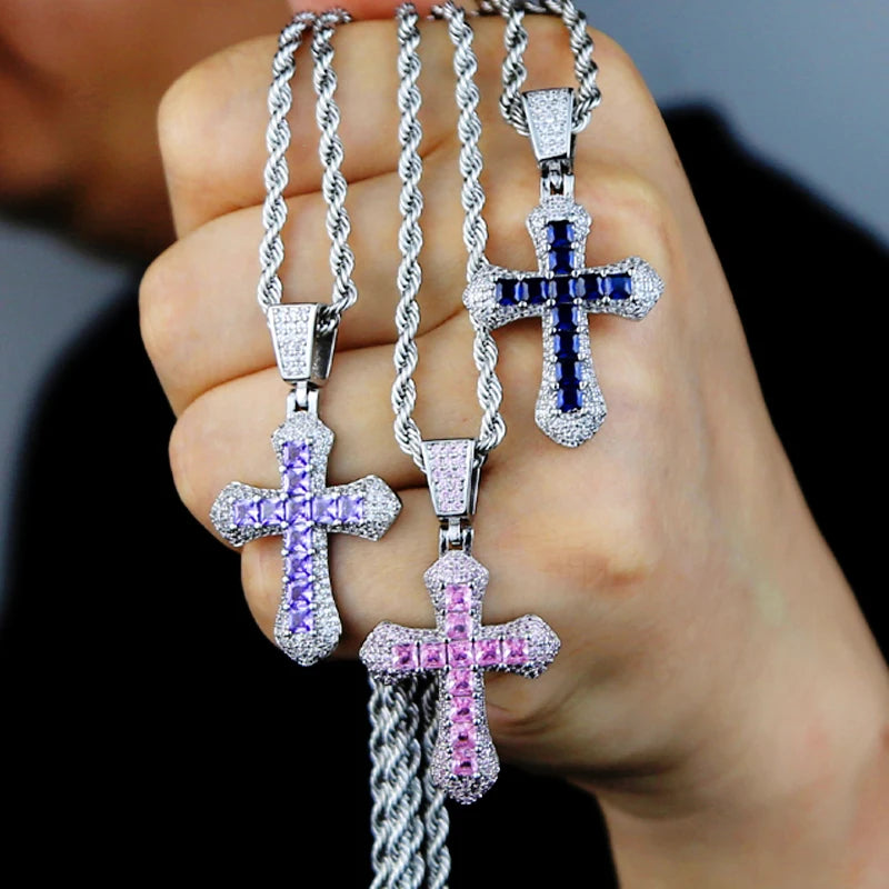 New Iced Out Bling Cross Pendant Necklace Silver Color Rectangle CZ Cubic Zirconia Blue Pink Charm Hip Hop Men Jewelry