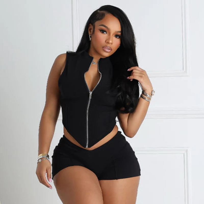 Macheda Casual Sporty 2 Piece Set Women Lines Patchwork Zipper Cardigan Irregular Crop Top+Tight Peach Hip Shorts Streetwear