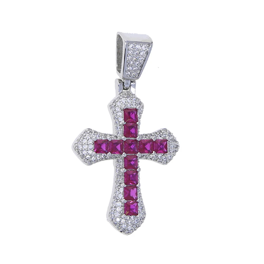 New Iced Out Bling Cross Pendant Necklace Silver Color Rectangle CZ Cubic Zirconia Blue Pink Charm Hip Hop Men Jewelry