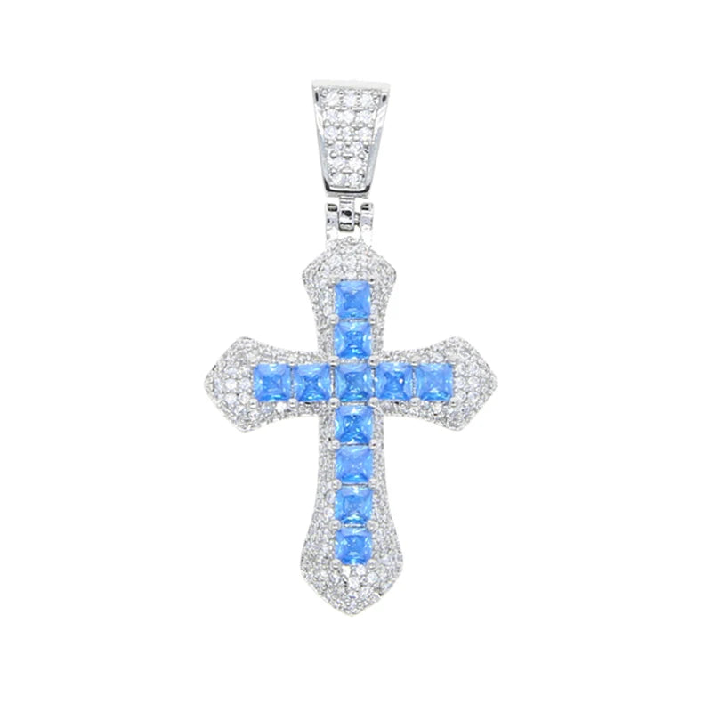 New Iced Out Bling Cross Pendant Necklace Silver Color Rectangle CZ Cubic Zirconia Blue Pink Charm Hip Hop Men Jewelry