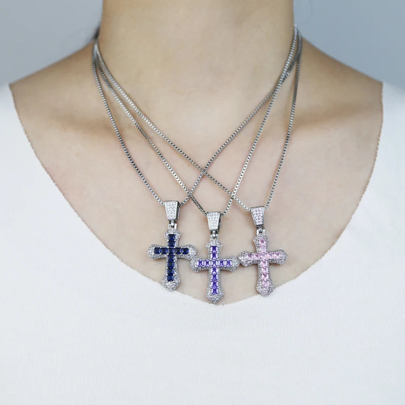New Iced Out Bling Cross Pendant Necklace Silver Color Rectangle CZ Cubic Zirconia Blue Pink Charm Hip Hop Men Jewelry
