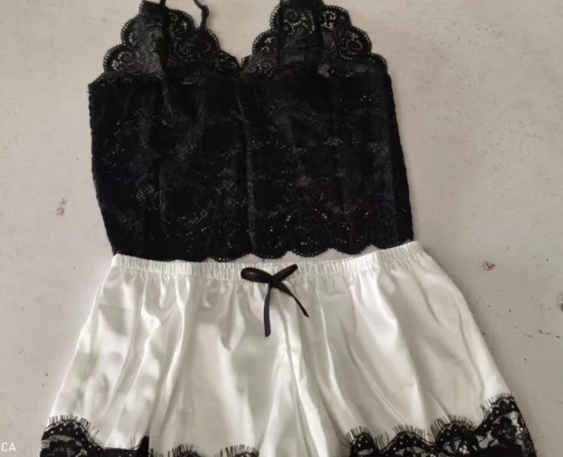 Lace Silk Sleepwear for Women Pajamas Set Sexy Lingerie Crop Tops Shorts Babydoll Nightwear S/M/L/XL/2XL