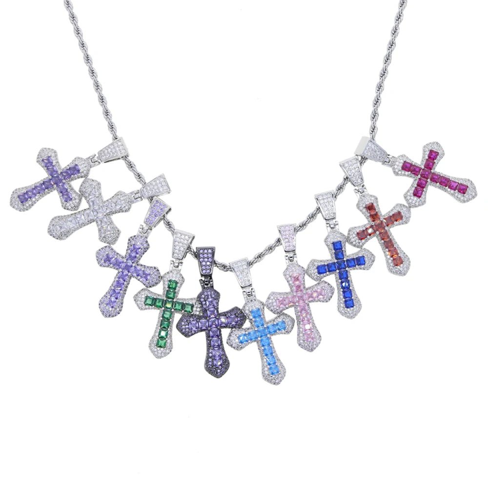 New Iced Out Bling Cross Pendant Necklace Silver Color Rectangle CZ Cubic Zirconia Blue Pink Charm Hip Hop Men Jewelry