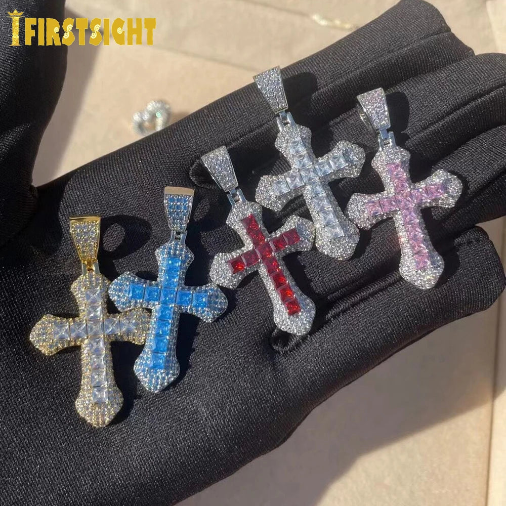 New Iced Out Bling Cross Pendant Necklace Silver Color Rectangle CZ Cubic Zirconia Blue Pink Charm Hip Hop Men Jewelry