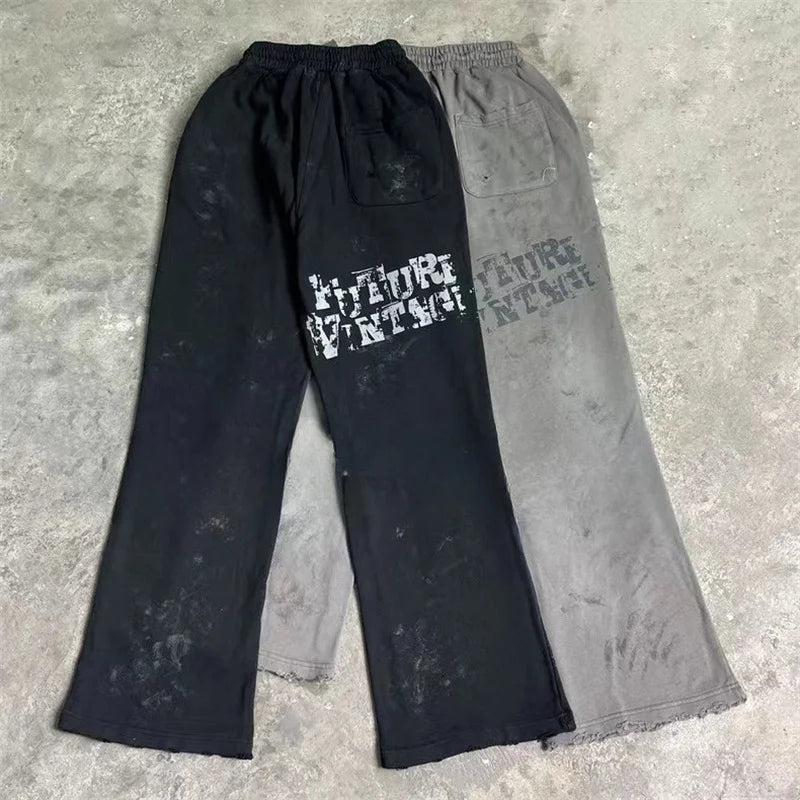 High Street Men Women Hip Hop Best Pants Vintage SAINT LOUIS Drawstring Destruction Splattered Ink Letters Print Sweatpants