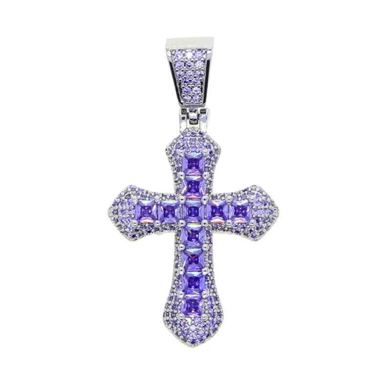 New Iced Out Bling Cross Pendant Necklace Silver Color Rectangle CZ Cubic Zirconia Blue Pink Charm Hip Hop Men Jewelry