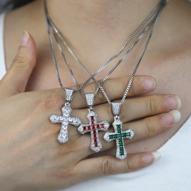 New Iced Out Bling Cross Pendant Necklace Silver Color Rectangle CZ Cubic Zirconia Blue Pink Charm Hip Hop Men Jewelry