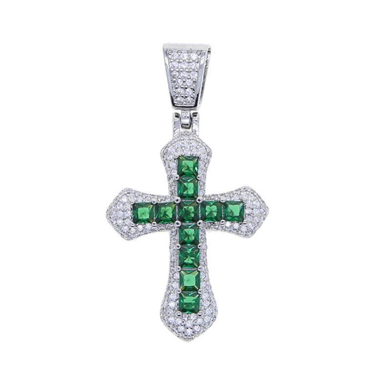 New Iced Out Bling Cross Pendant Necklace Silver Color Rectangle CZ Cubic Zirconia Blue Pink Charm Hip Hop Men Jewelry