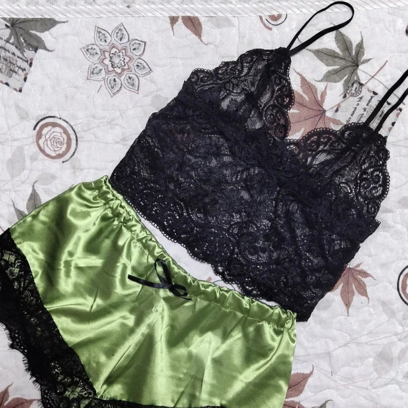 Lace Silk Sleepwear for Women Pajamas Set Sexy Lingerie Crop Tops Shorts Babydoll Nightwear S/M/L/XL/2XL