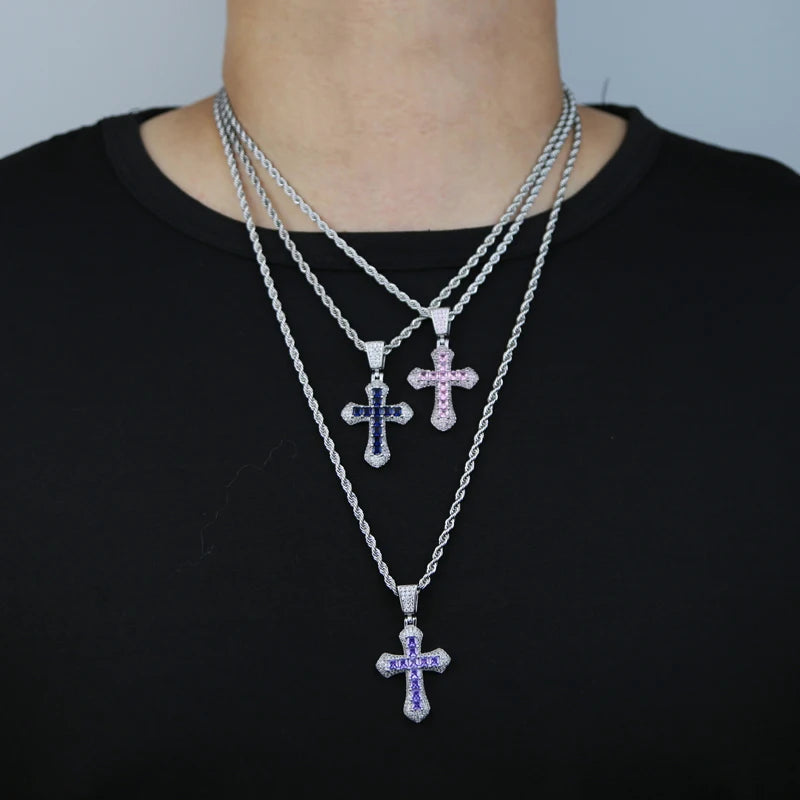 New Iced Out Bling Cross Pendant Necklace Silver Color Rectangle CZ Cubic Zirconia Blue Pink Charm Hip Hop Men Jewelry