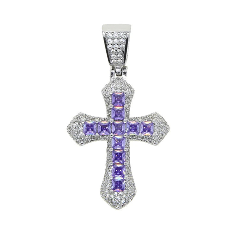 New Iced Out Bling Cross Pendant Necklace Silver Color Rectangle CZ Cubic Zirconia Blue Pink Charm Hip Hop Men Jewelry