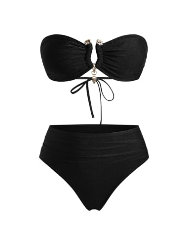 ZAFUL Women Strapless Bandeau Bikini U Wired Ruched 2 Piece Swimwear Cheeky Lace up Bathing Suits