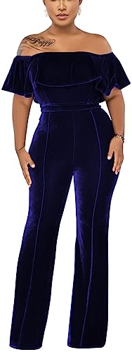 HugeNice Women's Sexy Off Shoulder Ruffle Jumpsuits Elegant Wide Leg Long Pants Clubwear Rompers with Pockets