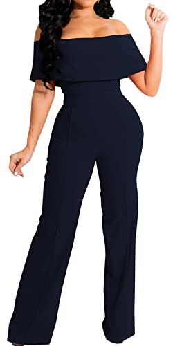 HugeNice Women's Sexy Off Shoulder Ruffle Jumpsuits Elegant Wide Leg Long Pants Clubwear Rompers with Pockets