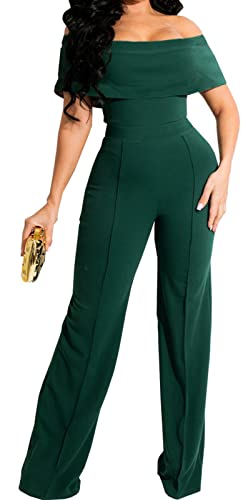 HugeNice Women's Sexy Off Shoulder Ruffle Jumpsuits Elegant Wide Leg Long Pants Clubwear Rompers with Pockets