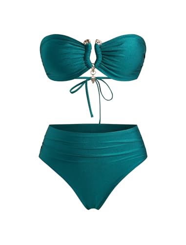 ZAFUL Women Strapless Bandeau Bikini U Wired Ruched 2 Piece Swimwear Cheeky Lace up Bathing Suits