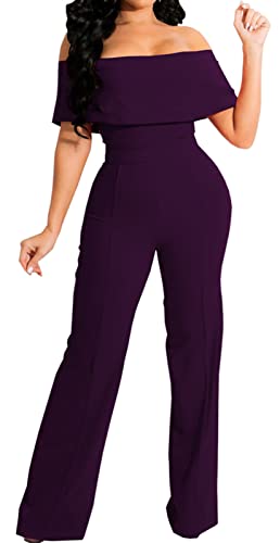HugeNice Women's Sexy Off Shoulder Ruffle Jumpsuits Elegant Wide Leg Long Pants Clubwear Rompers with Pockets